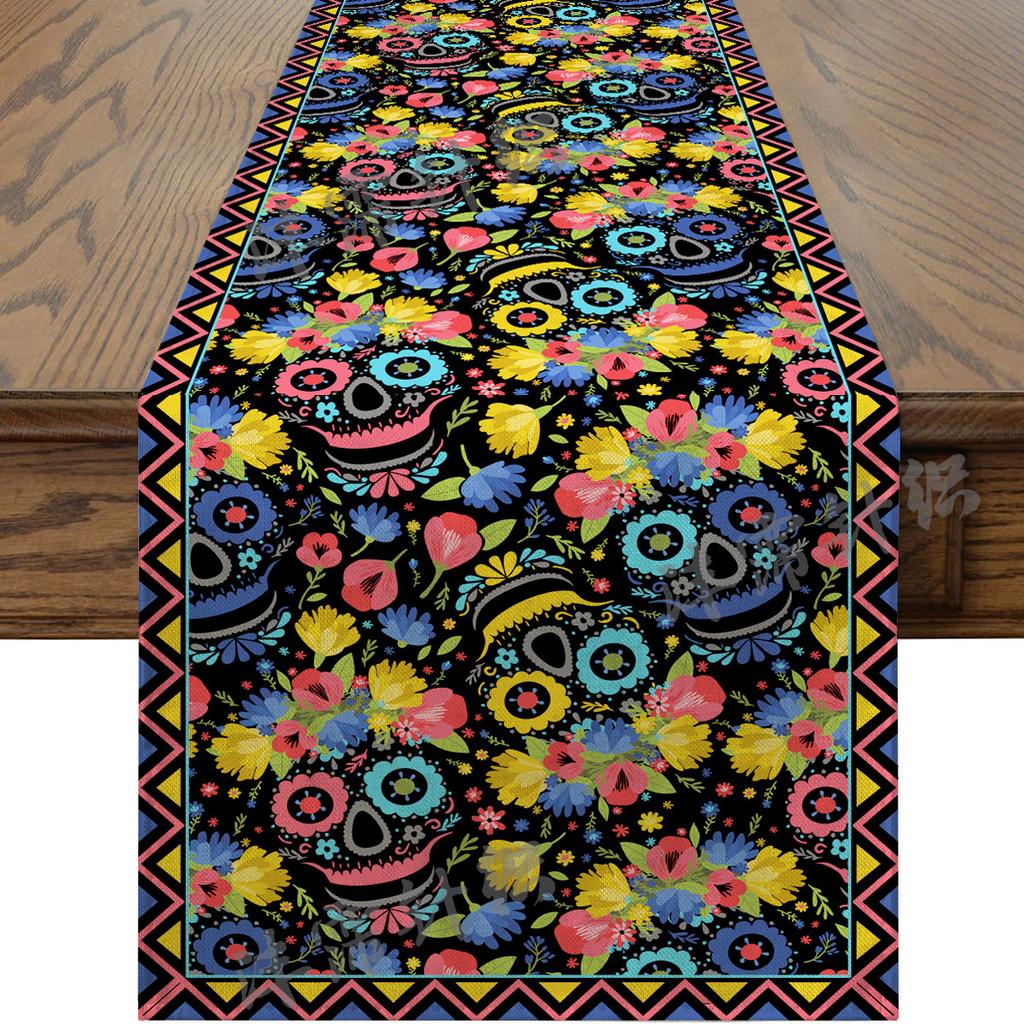 Halloween Table Runner Faux Linen Long Strip Day of the Dead Christmas Holiday Dining Decor