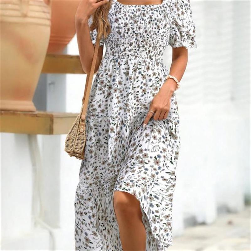 Women's Square Collar Waist Printed Dress S-XXXL