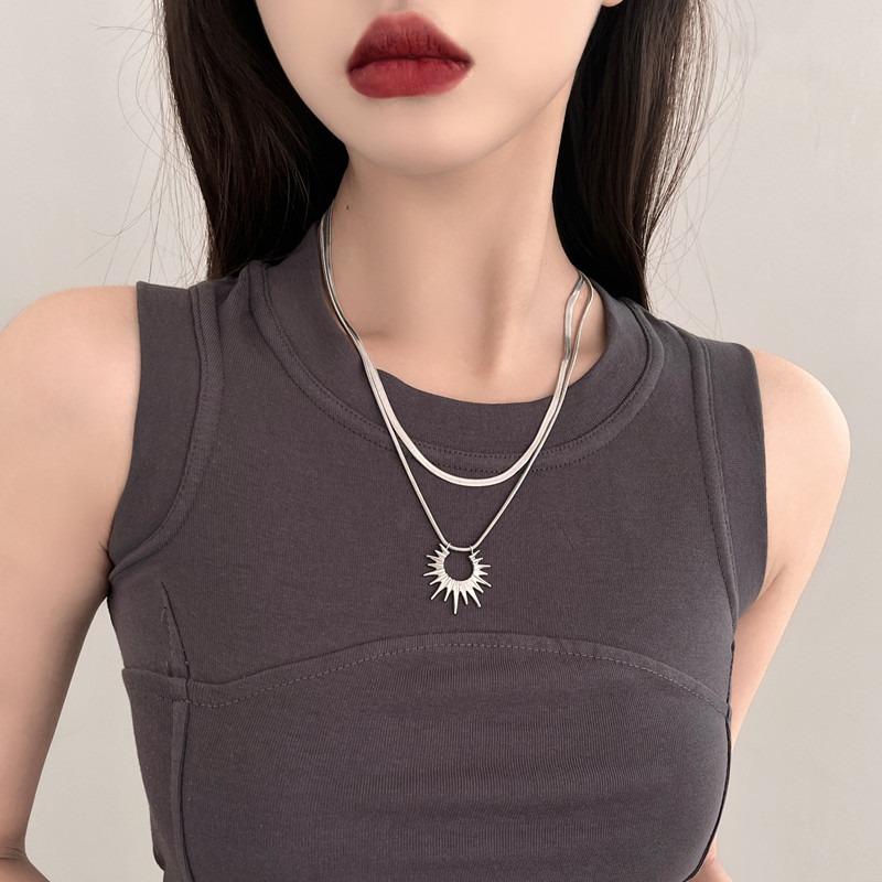 Double layer stacked sun snake bone chain titanium steel necklace men and women personality niche versatile high sense clavicle chain tide
