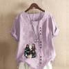 Damnytt mode linneskjorta rund hals kortärmad tecknade figurer tryckt t-shirt sommar damer vardaglig plusstorlek blus toppar