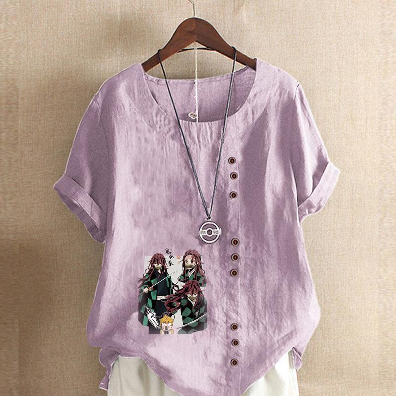 Damnytt mode linneskjorta rund hals kortärmad tecknade figurer tryckt t-shirt sommar damer vardaglig plusstorlek blus toppar