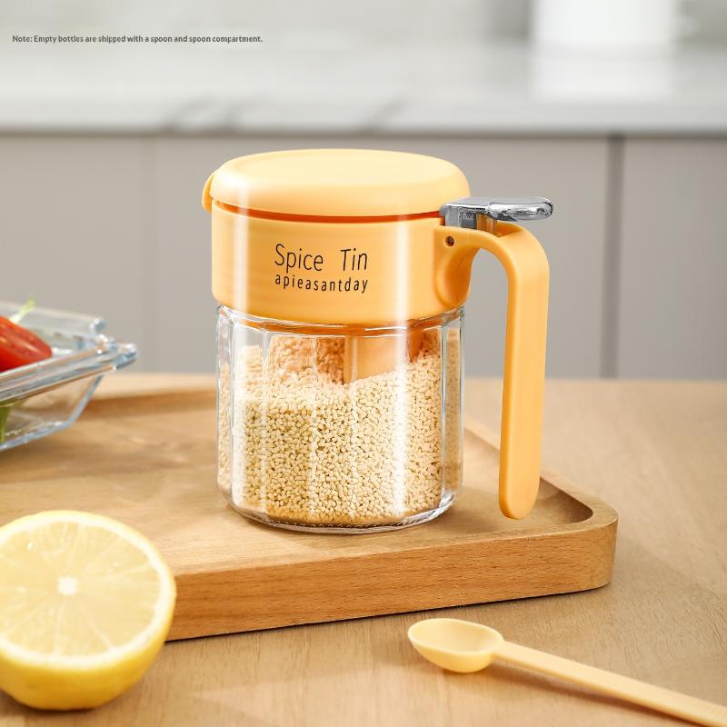 Glass Spice Jar With Built-In Spoon & Handle, Airtight Seasoning Container, Food-Grade Salt Sugar Storage Canister For Kitchen