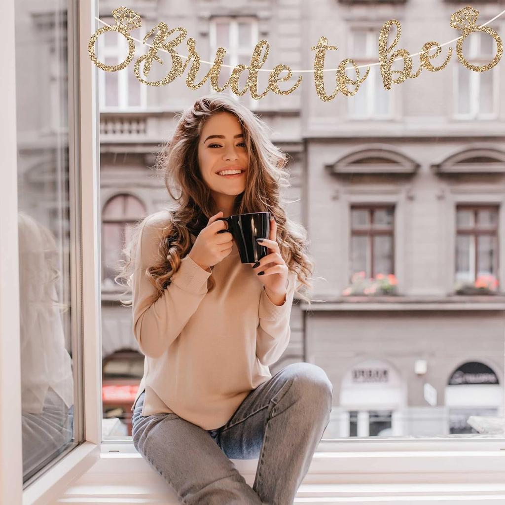 Pre-strung Bride To Be Banner - No DIY - Gold Glitter Bachelorette Bridal Party Banner In Script - Pre-strung Garland On 6 Ft Strand - Gold Bridal