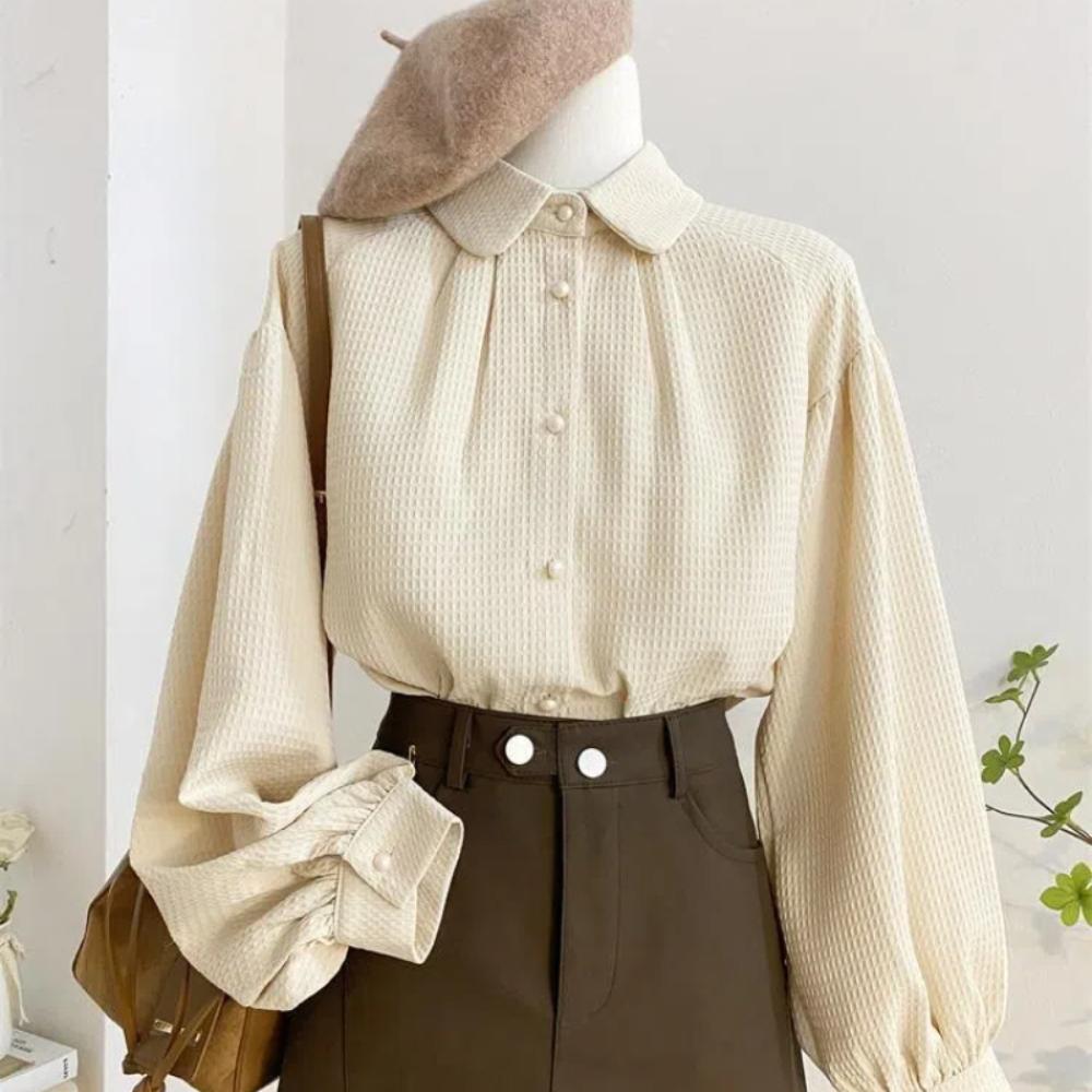 Waffle Lantern Sleeve Shirt for Women with a Niche Design Loose French Retro Chic Doll Collar Long Sleeved Top