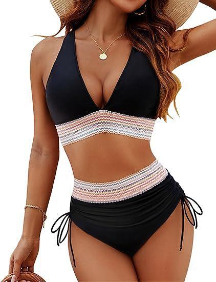

Women s Bikini High Waist Split Color Matching Set Tether Gather Belly Swimsuit Direct Supply S чёрный