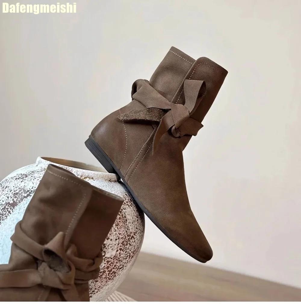 Fashion Cowhide Ankle Wrapped Straps Retro Boots Women 2025 Autumn Winter 5.5 Cm Height-Enhancing Knight Boots Black/brown Short Boots