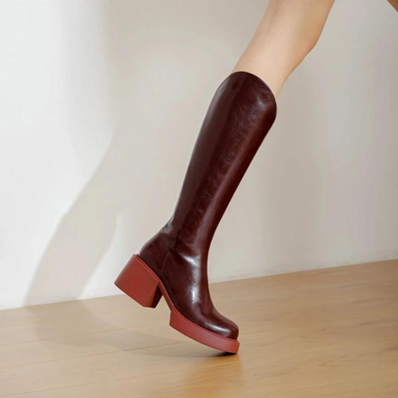 Mode Neue Herbst/Winter Damen Schuhe Spaltleder Damen Stiefel Runde Zehe Klobige Stiefel Einfarbig Kniehohe Stiefel Damen Plateau Schuhe Damen