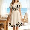 Women Trendy Summer A-Line Dress, Crew Neck Short Sleeve Cut, Partial Leopard Pattern, Cream Flowy Dress For Casual Street Wear