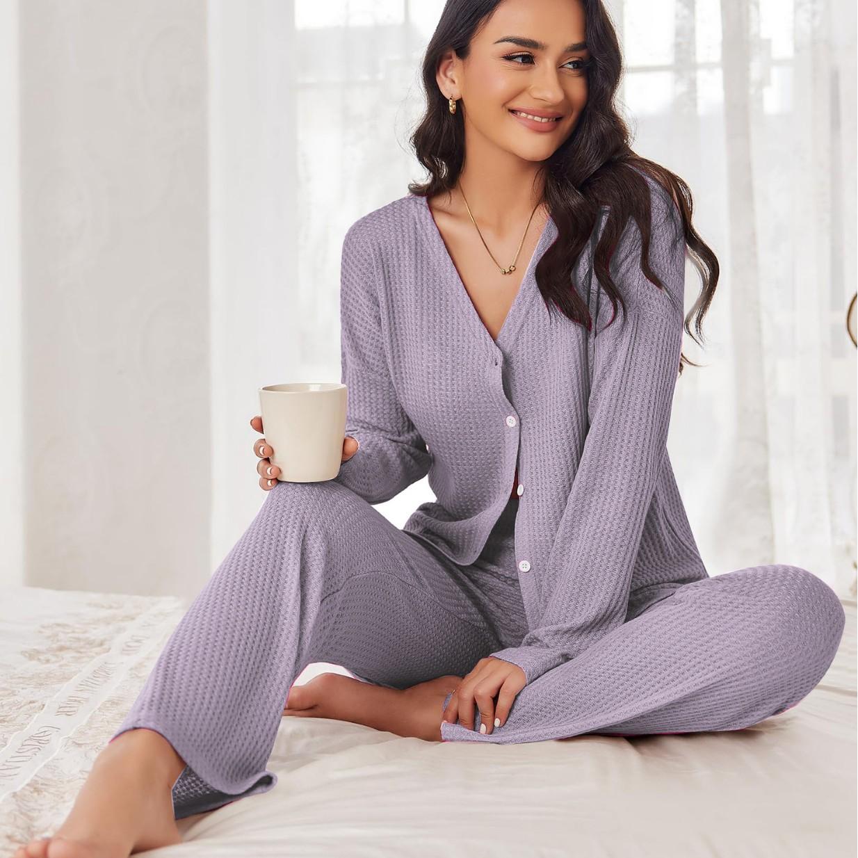 

Spring Autumn Solid Pajamas Set for Women Homewear Long Sleeves Cardigan and Trousers 2 Pieces Sexy Pijamas Sleepwear Loungewear S фиолетовый