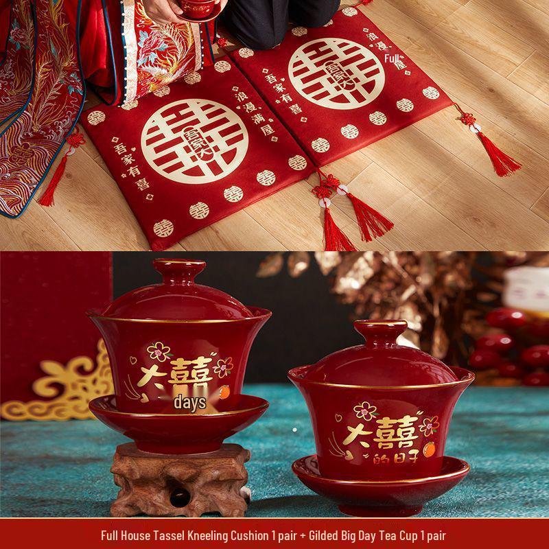 Double Happiness Wedding Kneeling Pad Set - Bride Tea Ceremony Cushions for Sitting and Celebration (Pair)
