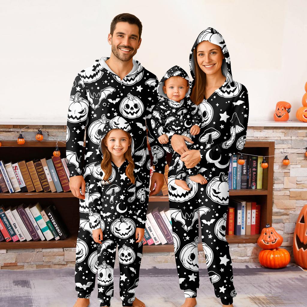 Halloween Printed Family Matching Hooded Long Sleeved Zippered Hooded Jumpsuit Set