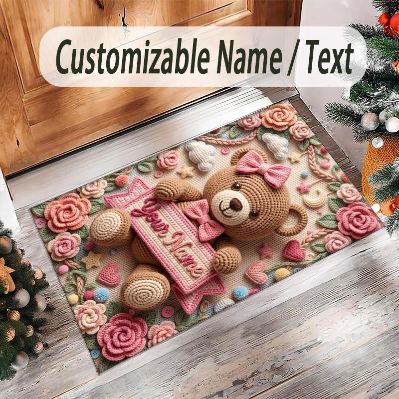 Teddy Bear Theme Crystal Velvet Rug Personalized Custom Name Text Soft Floor Mat Home Decor