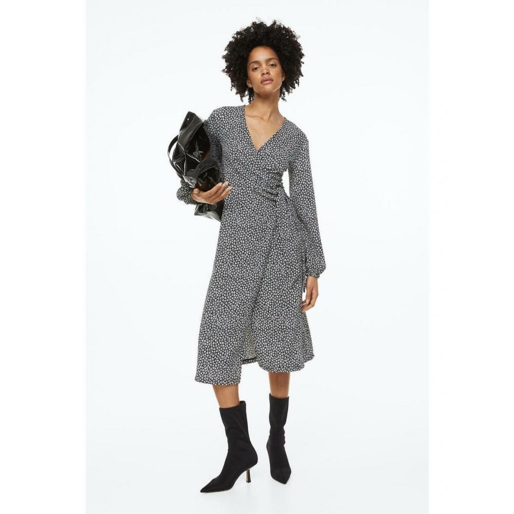 

H&M balloon sleeve wrap style dress black floral 1155349002