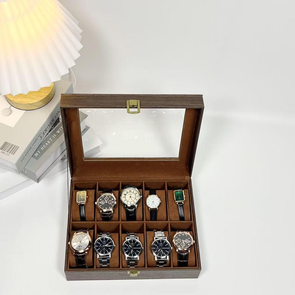 10-Bit Wood Grain Leather Watch Box with Dustproof Glass Cover