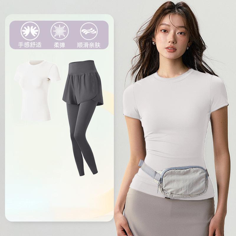 Basic yoga t-shirt women s waist versatile fitness short-sleeved running quick-drying yoga clothes tight top S