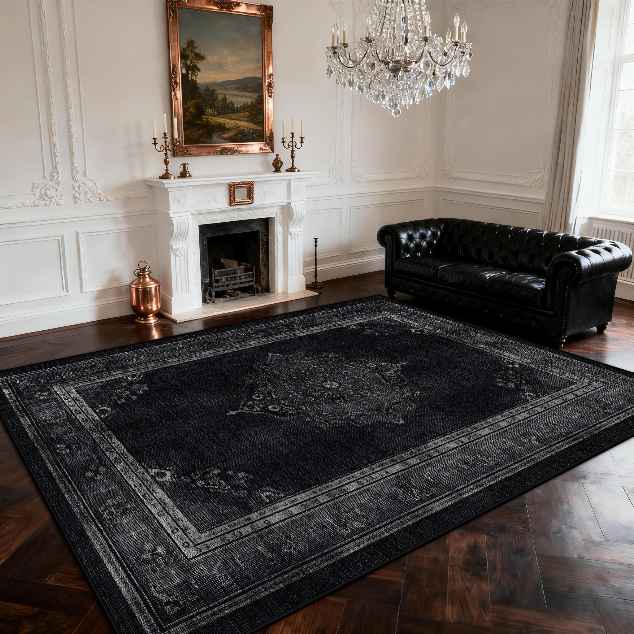 Black Retro Living Room Rug Fireplace