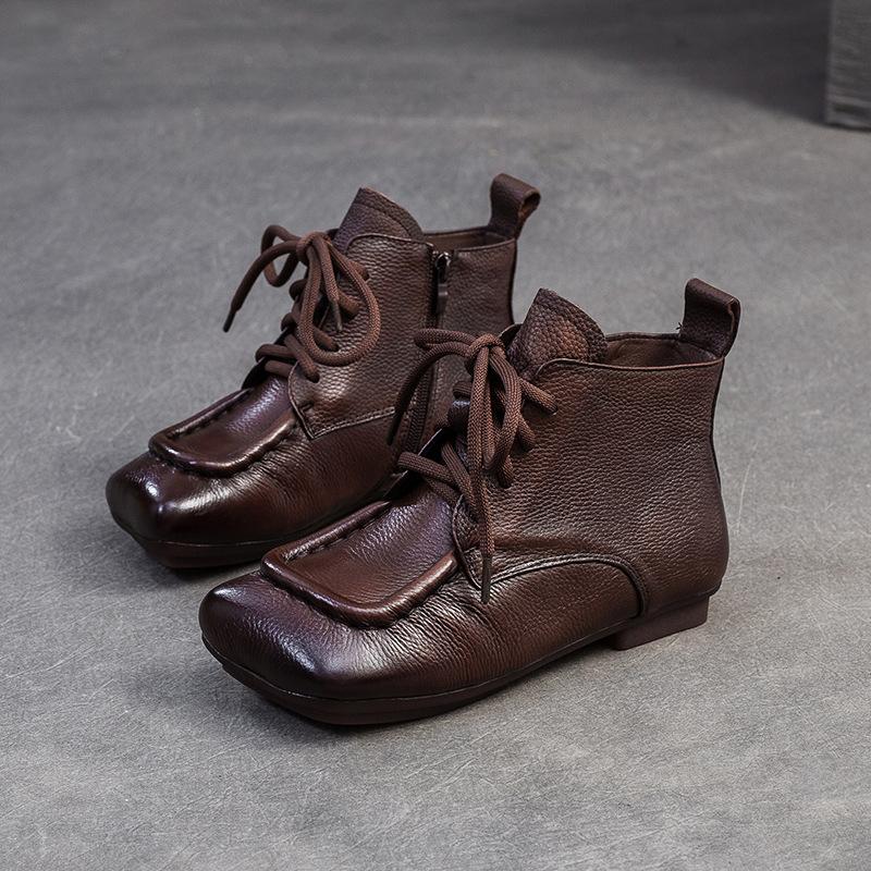 Johnature Kurze Stiefel aus echtem Leder im Retro-Stil mit bequemer, quadratischer Zehenpartie und Schnürung für Damen