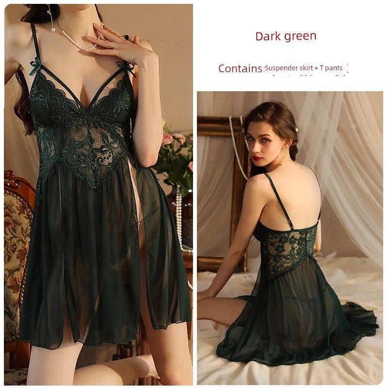 2025 New Arrival Sexy Ultra Slim Mesh Dating Nightdress/Backless Slit Deep V Suspender Dress/Sexy Seduction Pajamas