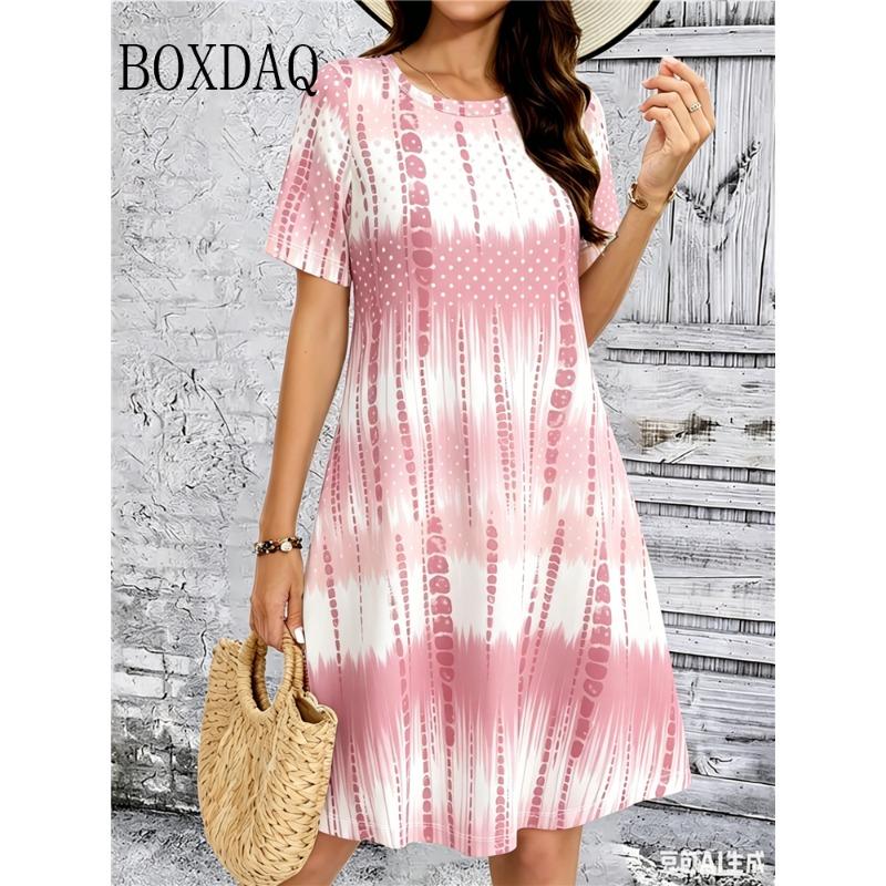 Tie Dye Gradient Striped Printing Dresses For Women Summer Fashion Plus Size Dress Casual Short Sleeve Loose Dress 6XL Clothing