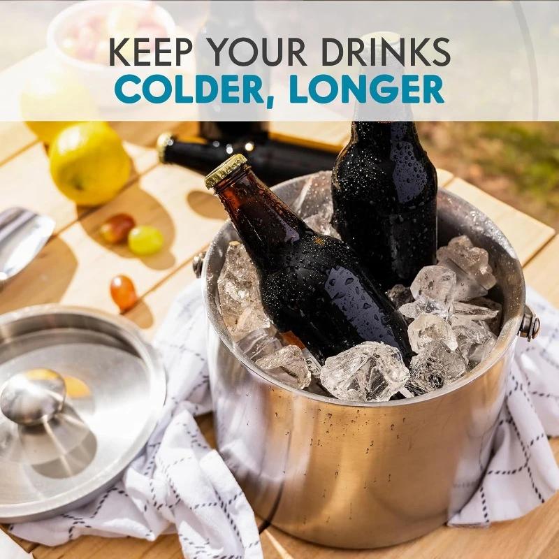 3/4L Stainless Steel Insulated Ice Bucket Double Walled Beverage Tub Comfortable Carry Handle Ice Container Bar Tools