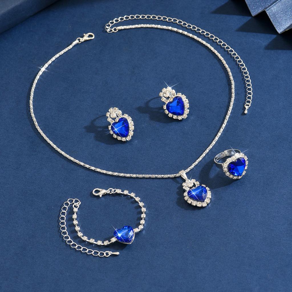 Love Rhinestone Necklace Earrings Ring Jewelry Four-Piece Set High-End Bridal Jewelry