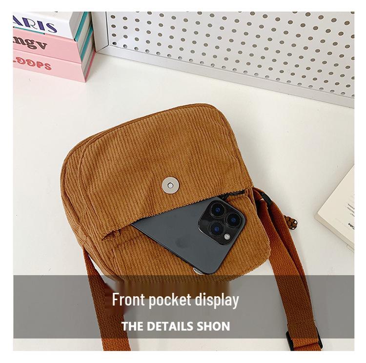Vintage Corduroy Crossbody Bag for Students: Japanese Style, Versatile, Canvas, Small Phone Holder