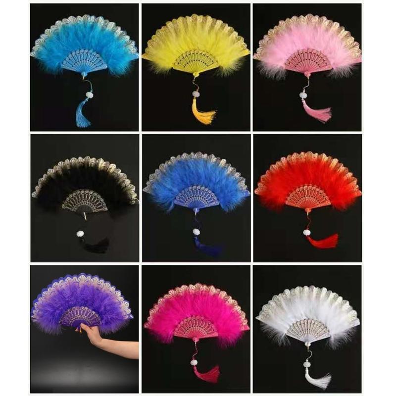 Embroidered Flower Feather Fan Vintage Hand Fan for Costume Dancing Handheld Folding Fan Performances Wedding Party