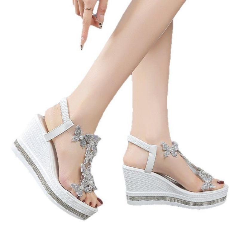 Summer New Large Size Women's Wedge Heel Sandals Bow Foot Muffin Rhinestone Bottom Fish Mouth Sandals