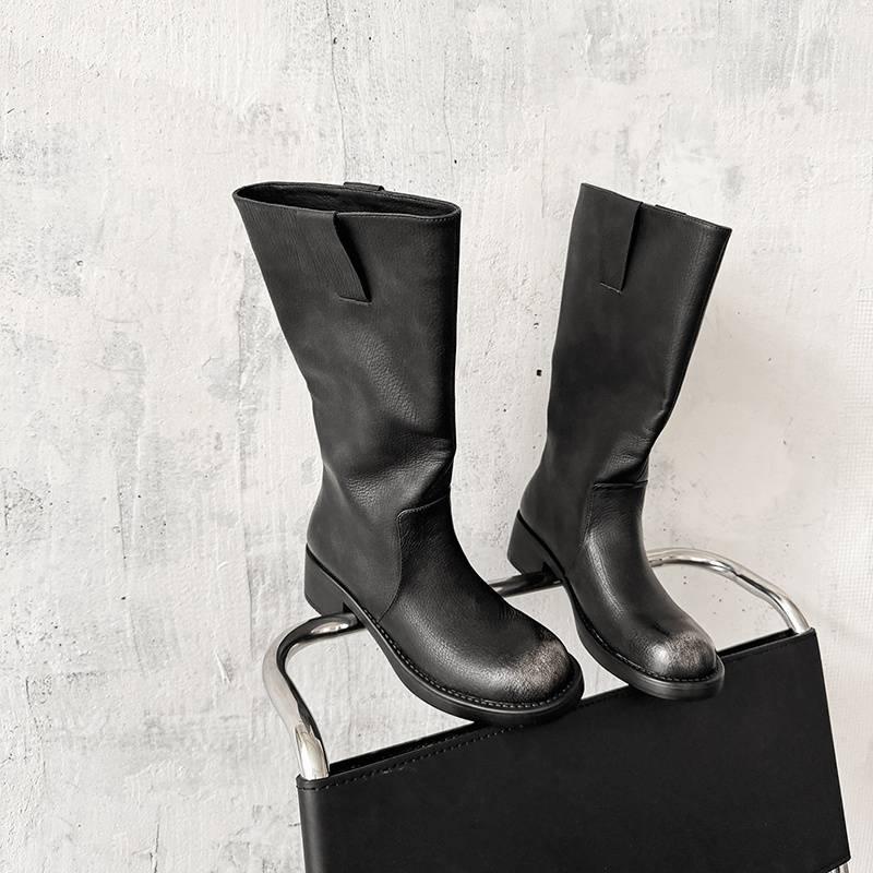 Autumn and Winter Women's Leather Boots Leather Large Size Knight Boots Solid Color Sleeve Large Tube Circumference Women's Boots New Cowhide High Boo