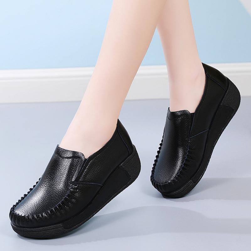 Genuine Leather Women Working Shoes Fashion Wedge Heels Platform Shoes Non-slip Loafers Casual Walking Shoes