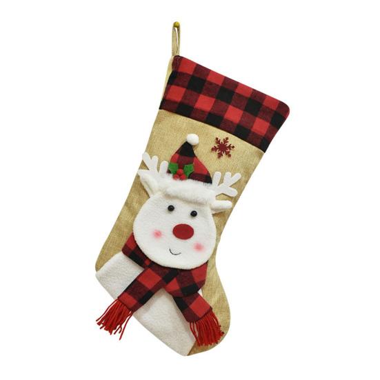 Christmas Stockings 18" Burlap Plaid Fireplace Hanging Stockings 3D Plush Santa Claus/Snowman/Reindeer Large Xmas Stockings for Holiday Party Decor
