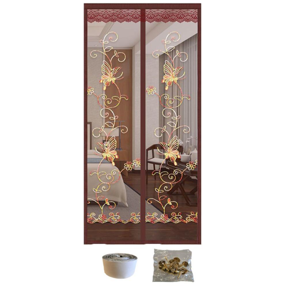 Well-ventilated Magnetic Screen Door Curtain Embroidered Mesh Door Curtain  Bedroom 35.43x82.68 in-Style B