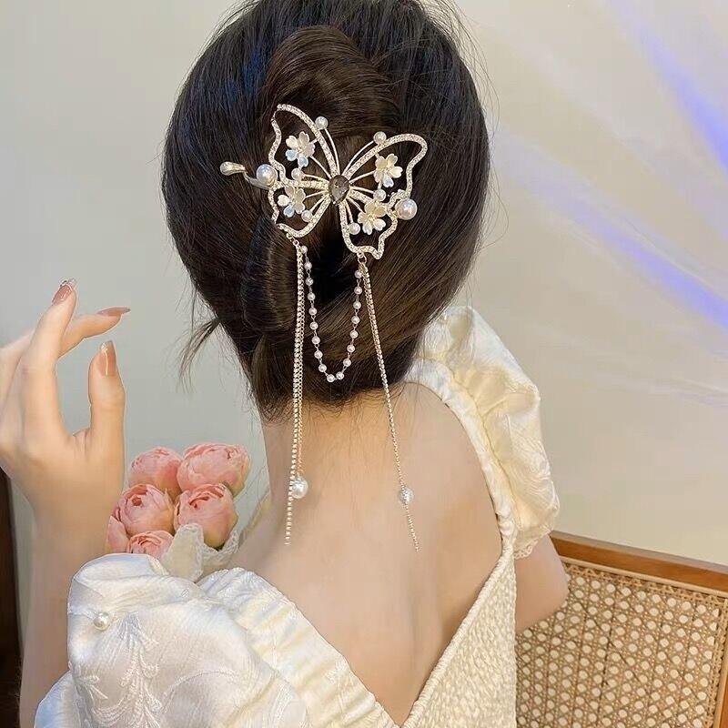 Rhinestone Butterfly Metal Hair Claw For Women Hairpins Vintage Crystal Pearl Pendant Hair Clips Female Hair Jewelry Accessories