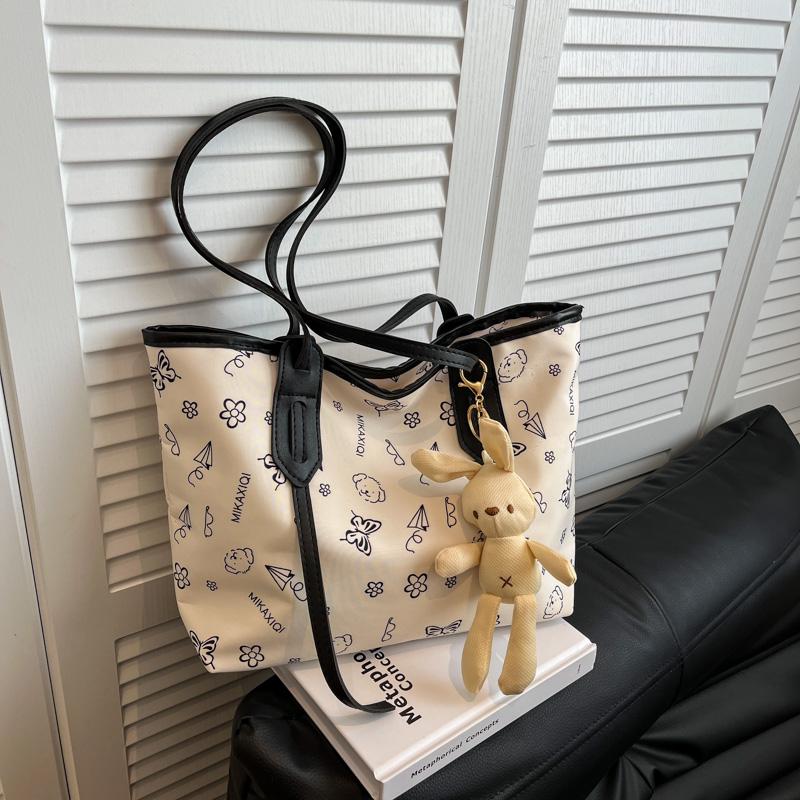 Women's Cute Rabbit Pendant Shoulder Bag PU Tote with Cartoon Print & Zipper for Daily Commute & Shopping Storage Bag