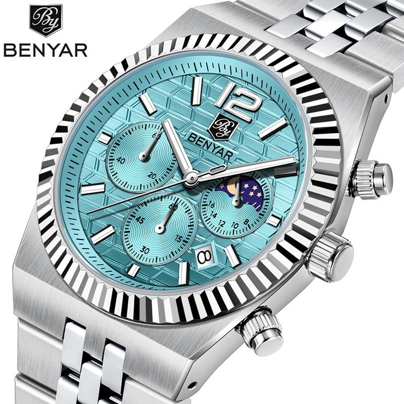 BENYAR BY-5225M 40MM New Original Design Honeycomb Pattern Dial Luxury Men Watch Stainless Steel Chronograph Quartz Watch