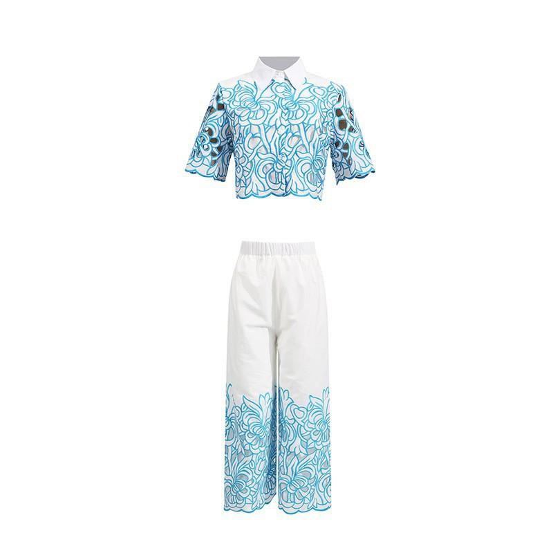 Fashionable Niche Design Two-piece Embroidered Hollowed-out Jacket High-waist Trousers Suit Women