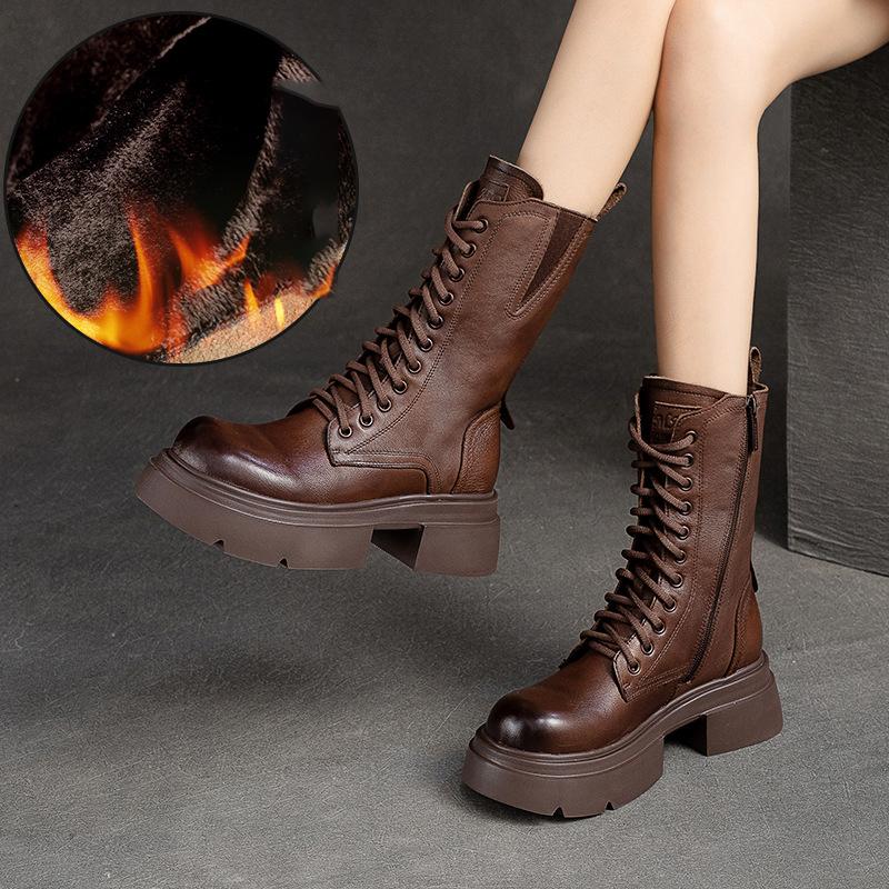 Fashion GKTINOO 2025 Winter Plush Genuine Leather Women Boots Platform Booties Soft Cowhide Women's Shoes Zip Ankle Boots Zapatos Mujer