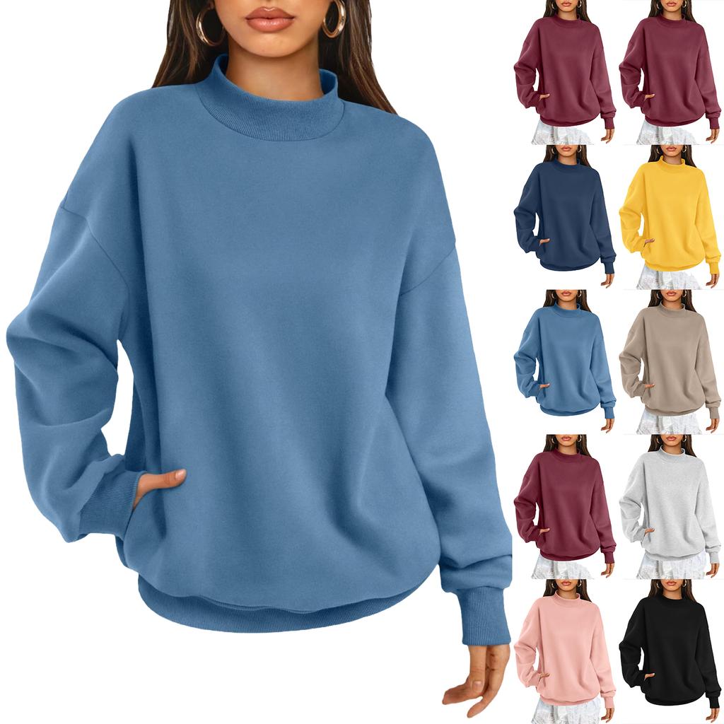 Damen Rollkragenpullover mit Taschen Langarm Freizeit Oberteil