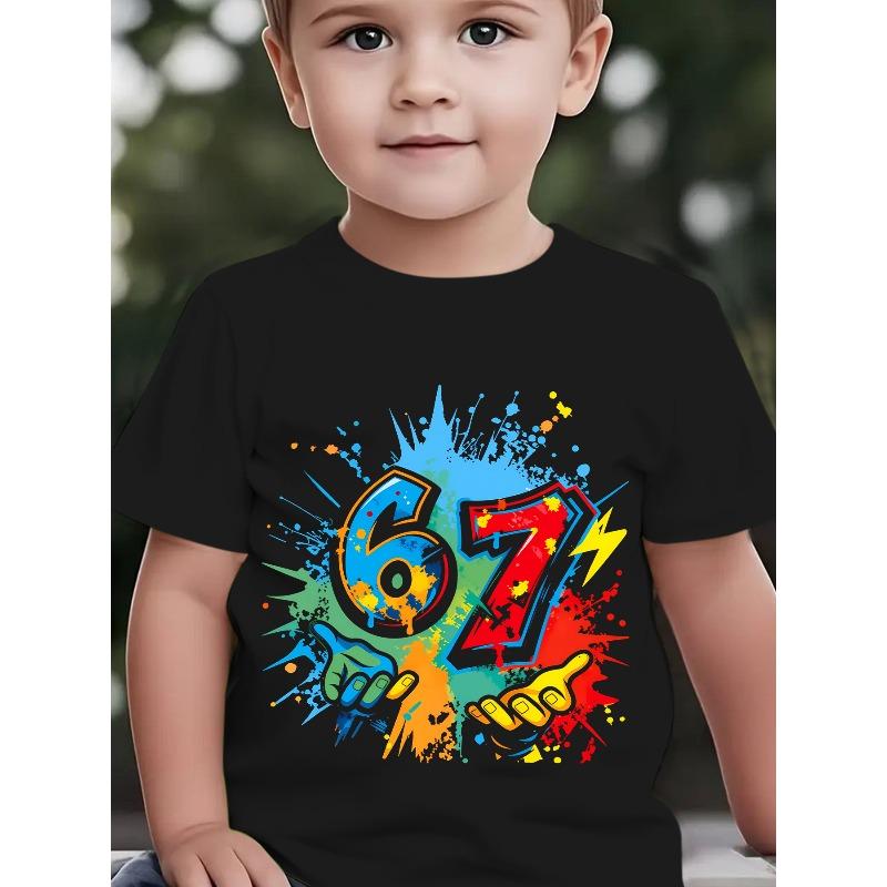 Boys Summer Crewneck Tee, Ink Splash Handheld Number 67 Cartoon Print Fashion Outdoor Casual Short Sleeve Top