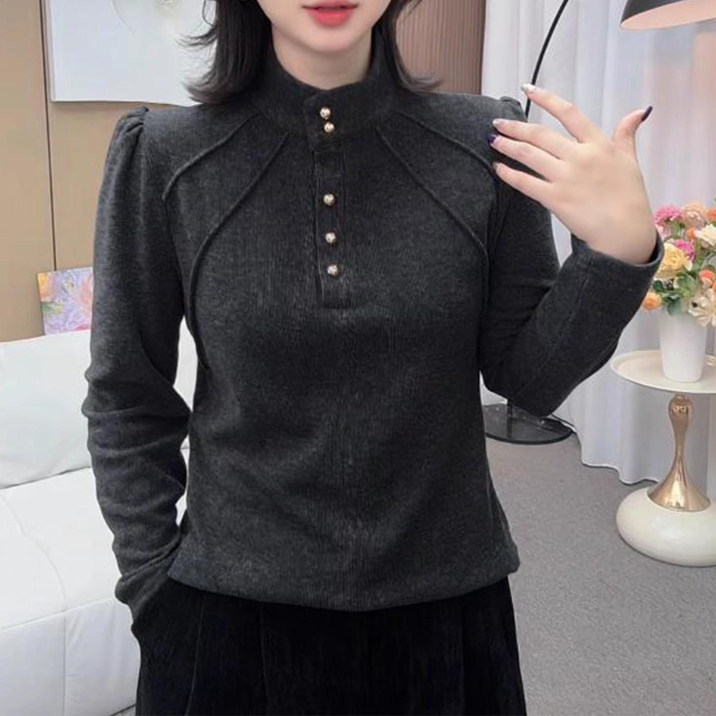 

Women s Plus Size Autumn/Winter Long Sleeve Button Top - Tummy-Friendly Half-High Collar for Middle-Aged and Elderly Moms L