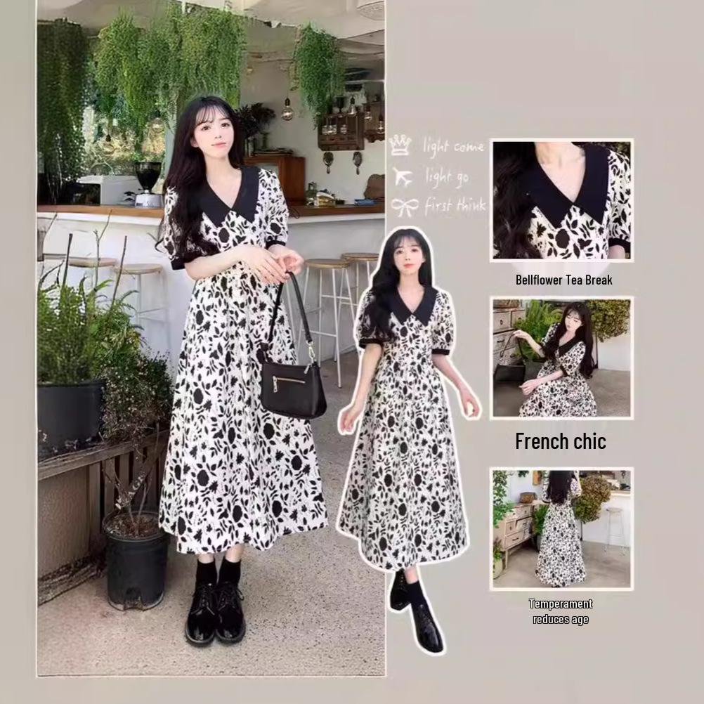 

Women s Floral Puff Sleeve Slimming Doll Collar Over-the-Knee Dress L (Recommended for 52.5-60 kg)