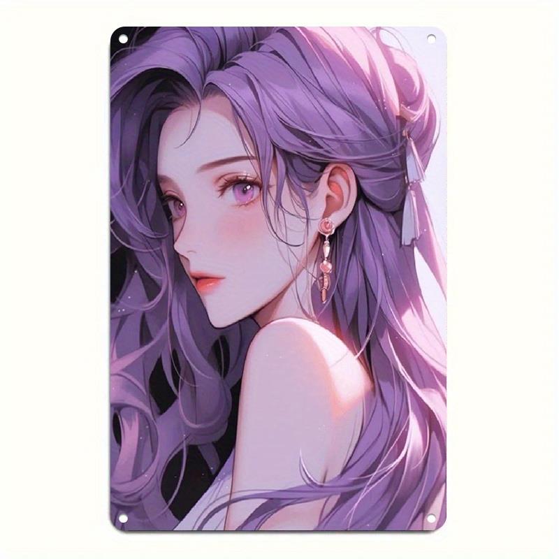 D Flat Anime Girl Purple Hair Metal Sign Aesthetic Wall Art Poster For Home Room Decor 20x30cm(7.8x11.8inch)