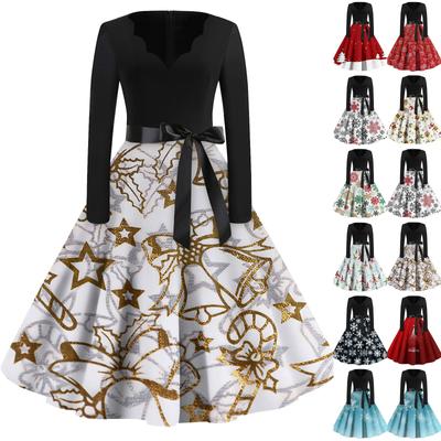 Women's Fashion Vintage Long Sleeve V-Neck Christmas Printed Evening Party Dresses Dresses