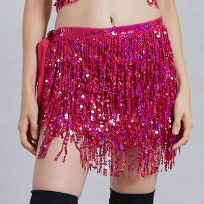 Fringed Waist Chain Belly Dance Waist Chain Indian Bohemian Lace-up Waist Scarf Sequined Fringed Skirt New Sequined rosered