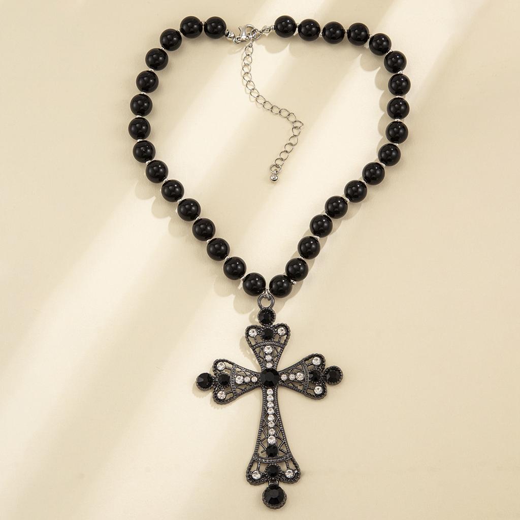 Multiple Layers Fold Wear Imitation Pearl Chain Beaded Gothic Cross Pendant Necklace  for Women Retro Punk Collar Jewelry Gifts