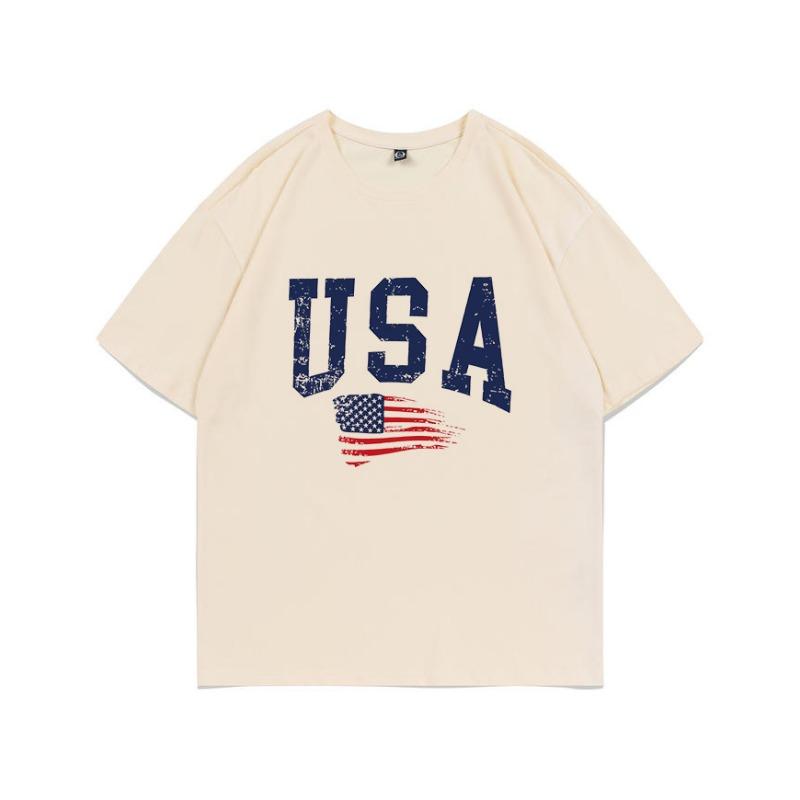 Summer Pure Cotton Short Sleeved Flag Letter Combination Printed Shoulder Down Women's T-shirt Fashionable Casual Women's Top T-Shirts Women’s