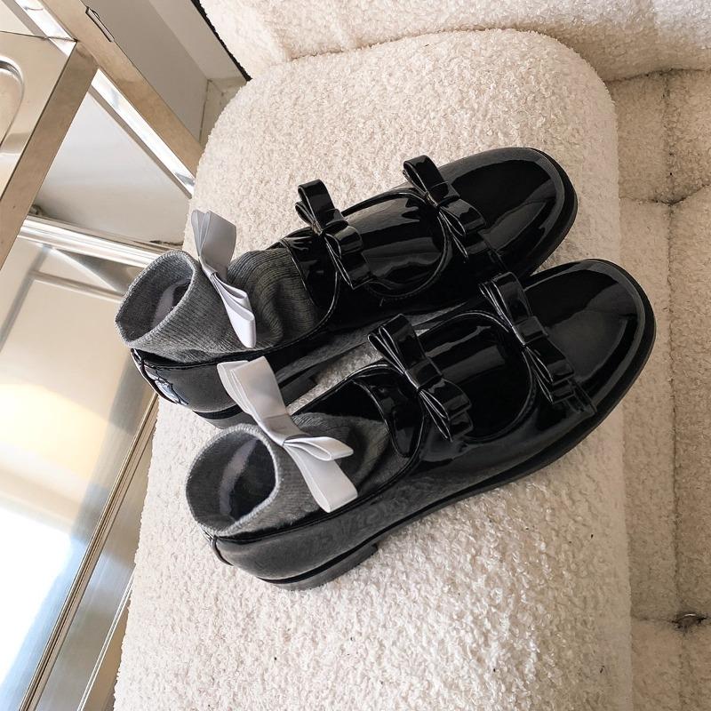 Cowhide version~ bow small leather shoes women's thick sole heightening genuine leather black low-heeled single shoes autumn