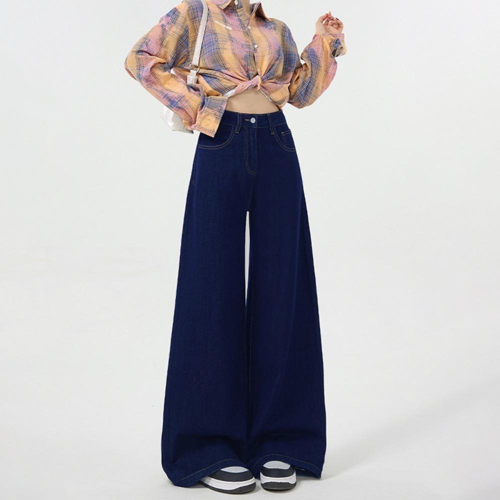 Personalized dark blue loose wide-leg jeans women's new spring and autumn high-waisted thin and drape floor-mopping jeans
