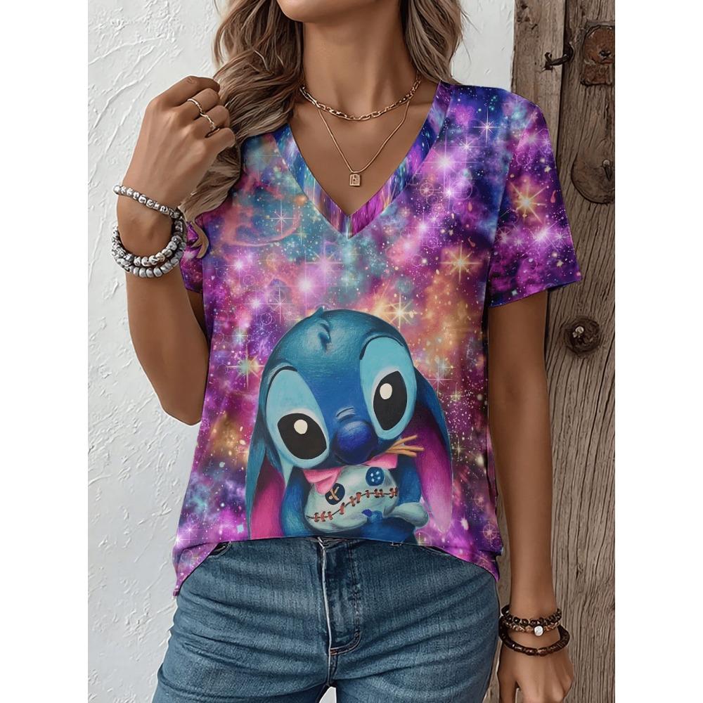 Multi pattern V-neck short sleeved T-shirt, fashionable women's T-shirt, printed basic top, street wear, summer oversized clothing, women's T-shirt