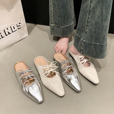 Damenmode Hausschuhe 35-40 Spitzschuh Blockabsatz Dünner Riemen Schleife Mode Sandalen Weiches Leder Bequem mit Rock Schuhe